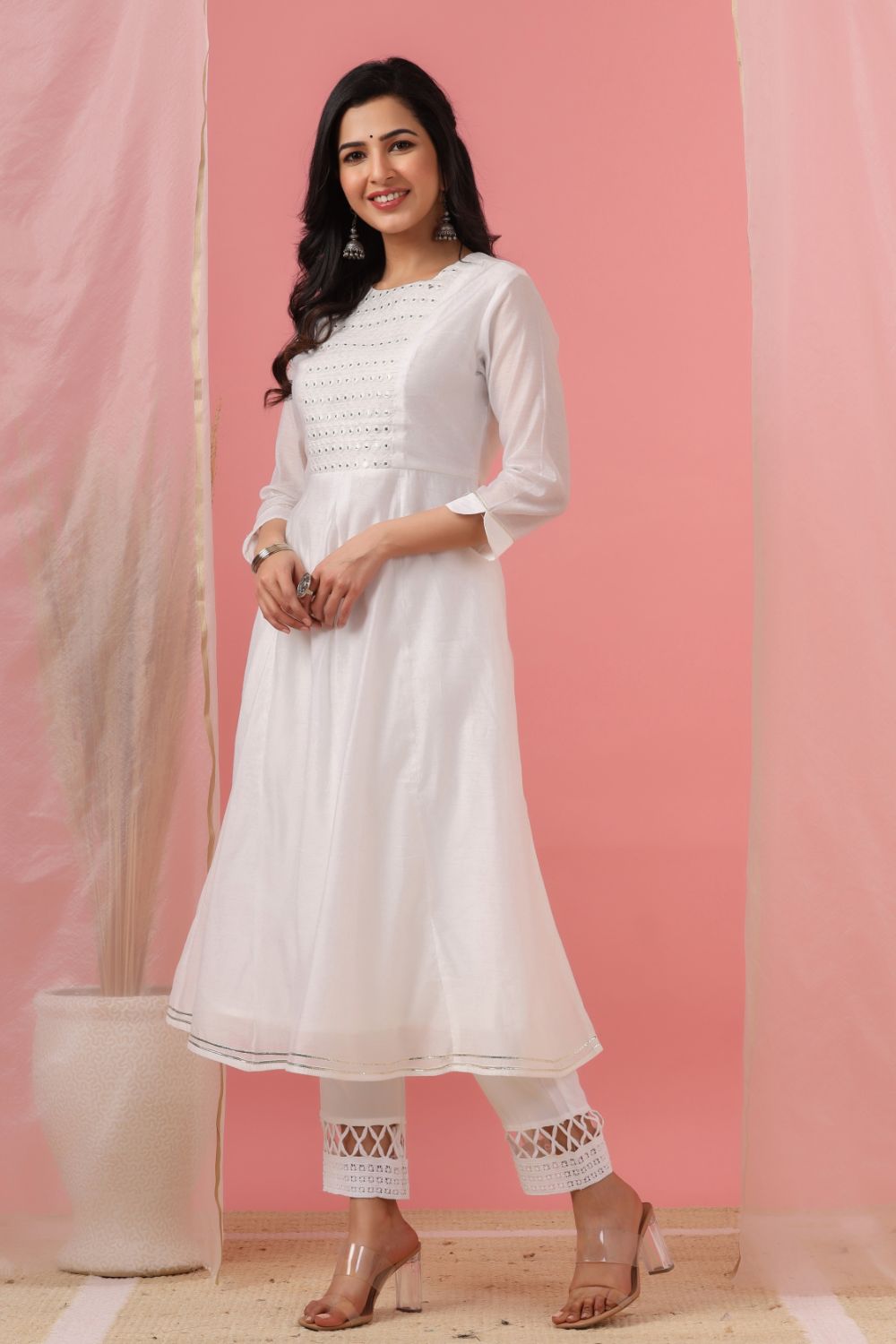 Juniper Womens White Cotton Chanderi Embellished A-Line Kurta