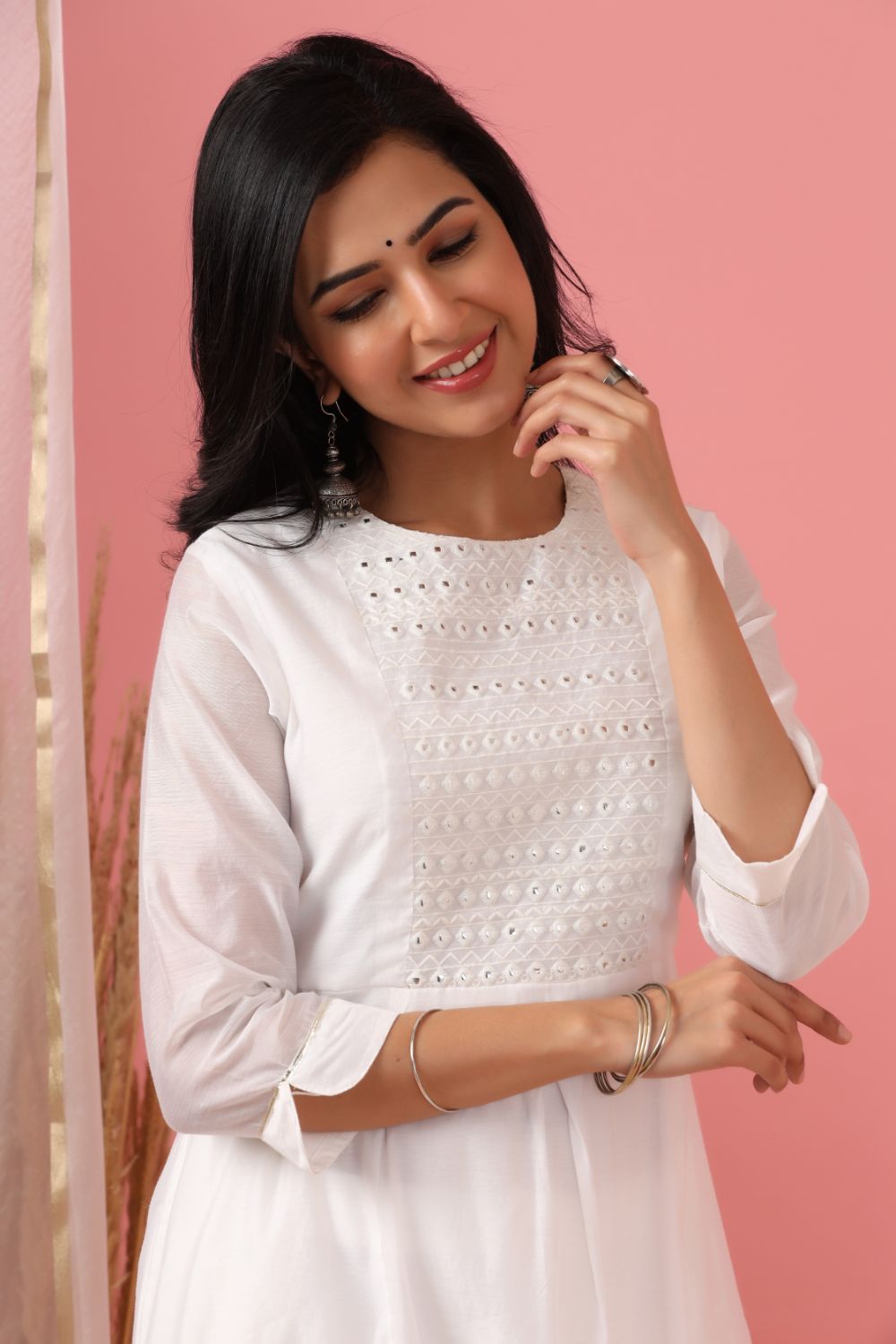 Juniper Womens White Cotton Chanderi Embellished A-Line Kurta
