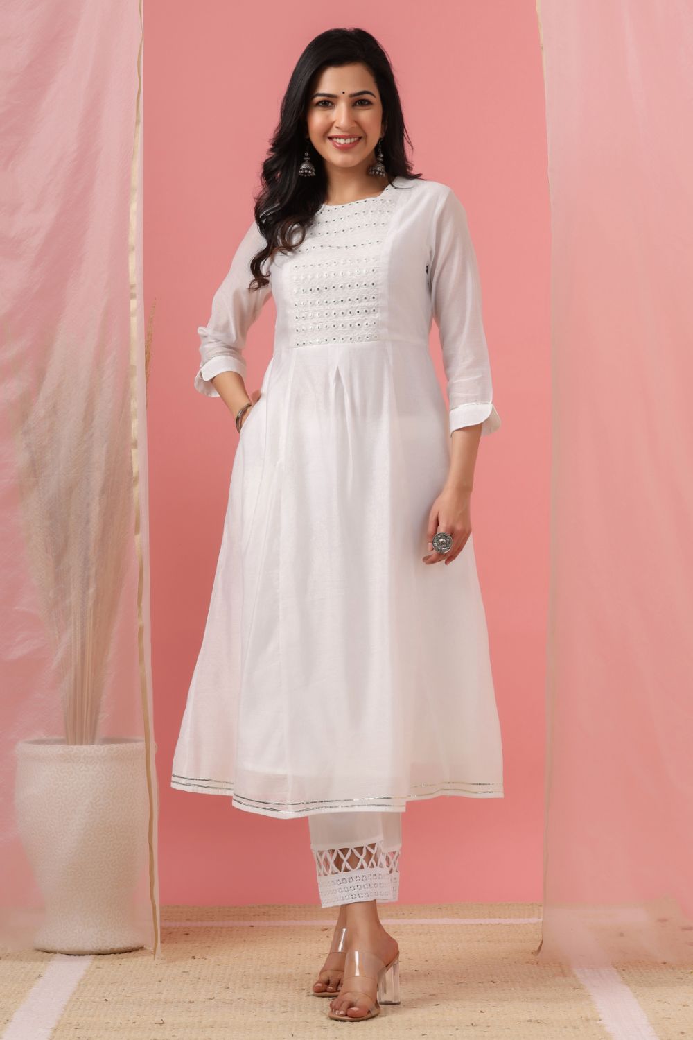 Juniper Womens White Cotton Chanderi Embellished A-Line Kurta