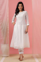 Juniper Womens White Cotton Chanderi Embellished A-Line Kurta
