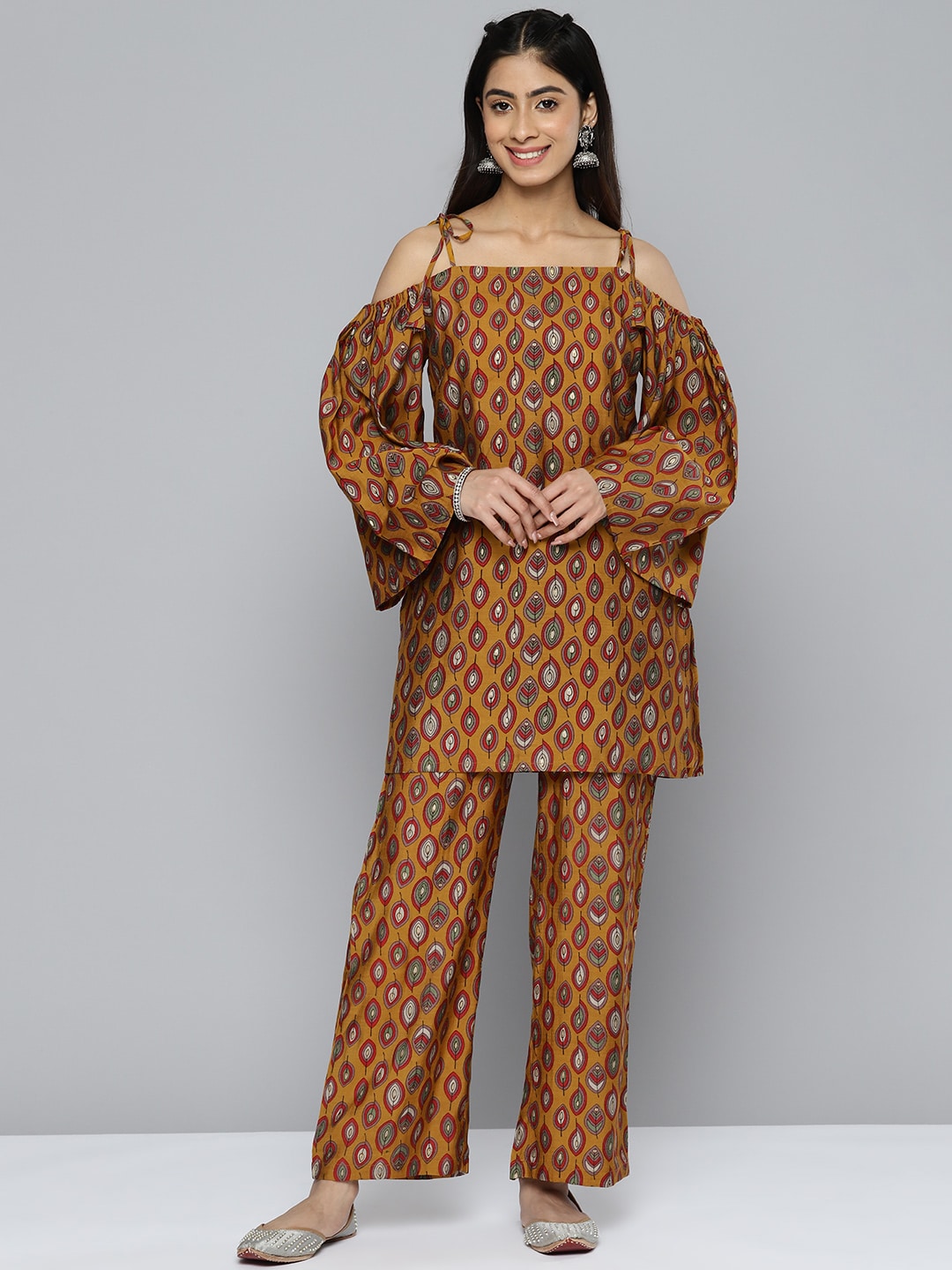 HERE&NOW Women Ethnic Motifs Printed Cold-Shoulder Kurta with Palazzos