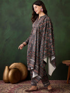 Sangria Self Design Winter Pashmina Straight Kurta & Trouser With Dupatta