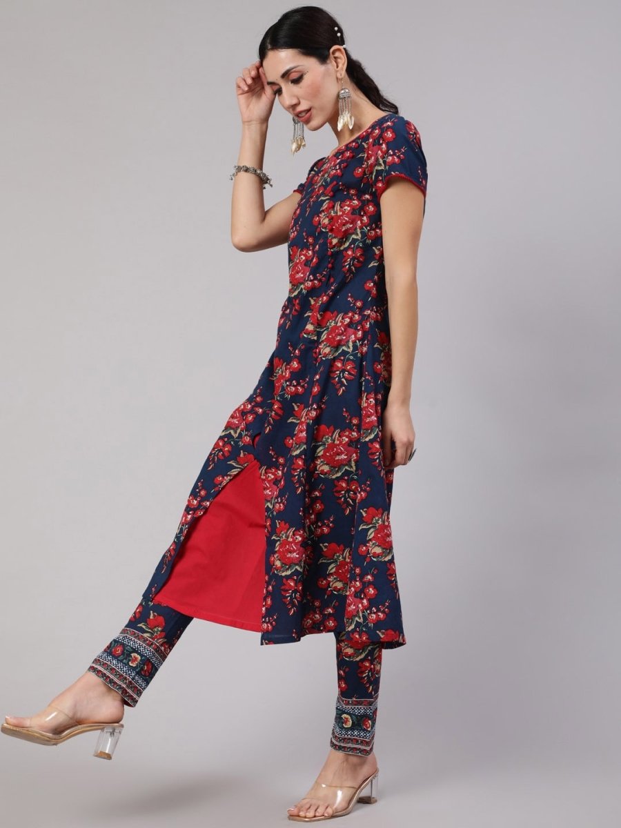 Aks Floral Printed Round Neck A-Line Kurta