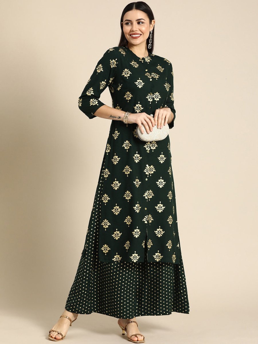 All About You Women Green & Gold-toned Ethnic Motifs Printed Kurta with Palazzos