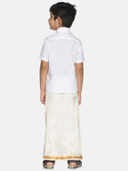 Sethukrishna Boys White & Gold-Toned Pure Cotton Shirt with Dhoti Set