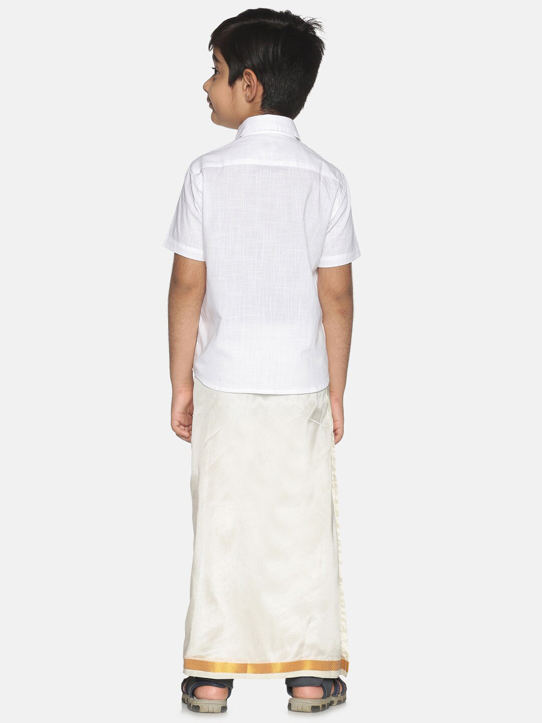 Sethukrishna Boys White & Gold-Toned Pure Cotton Shirt with Dhoti Set