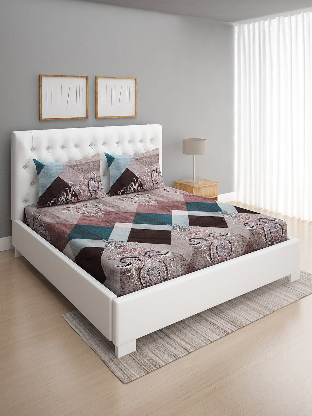 ROMEE Brown Geometric Print 144 TC Microfiber Queen Bedsheet with 2 Pillow Covers