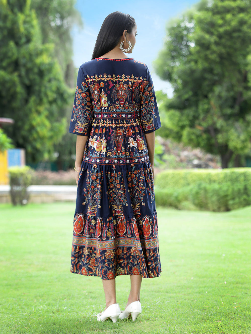 Juniper Women's Indigo Cambric Printed Tiered Dress - Distacart