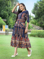 Juniper Women's Indigo Cambric Printed Tiered Dress - Distacart