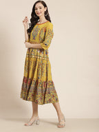 Juniper Women Mustard Cambric Printed Tiered Dress - Distacart