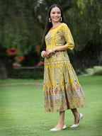 Juniper Women's Mustard Cambric Printed Tiered Dress - Distacart