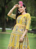 Juniper Women's Mustard Cambric Printed Tiered Dress - Distacart