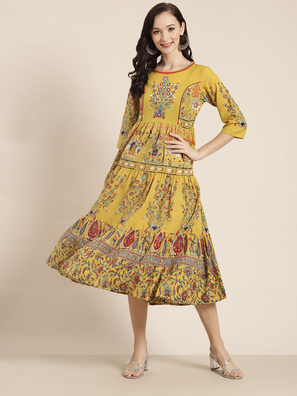 Juniper Women Mustard Cambric Printed Tiered Dress - Distacart