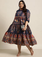 Juniper Women's Indigo Cambric Daily Wear Printed Tiered Dress - Distacart