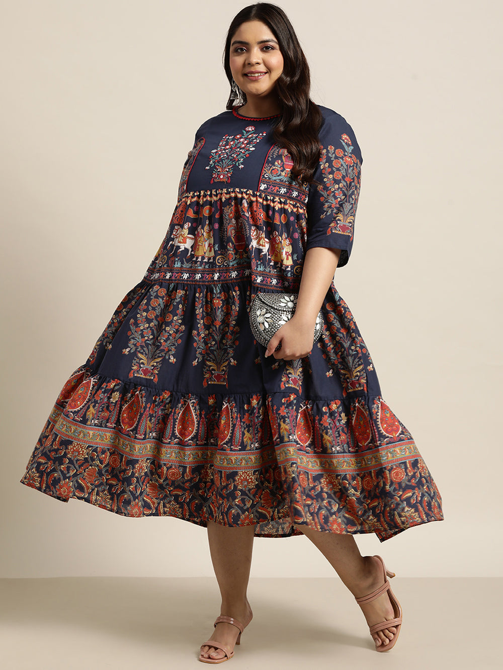 Juniper Women's Indigo Cambric Daily Wear Printed Tiered Dress - Distacart