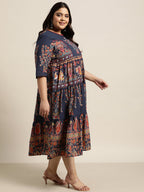 Juniper Women's Indigo Cambric Daily Wear Printed Tiered Dress - Distacart