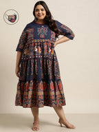 Juniper Women's Indigo Cambric Daily Wear Printed Tiered Dress - Distacart