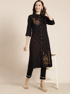 Juniper Womens M-Black Rayon Slub Printed Kurta - Distacart