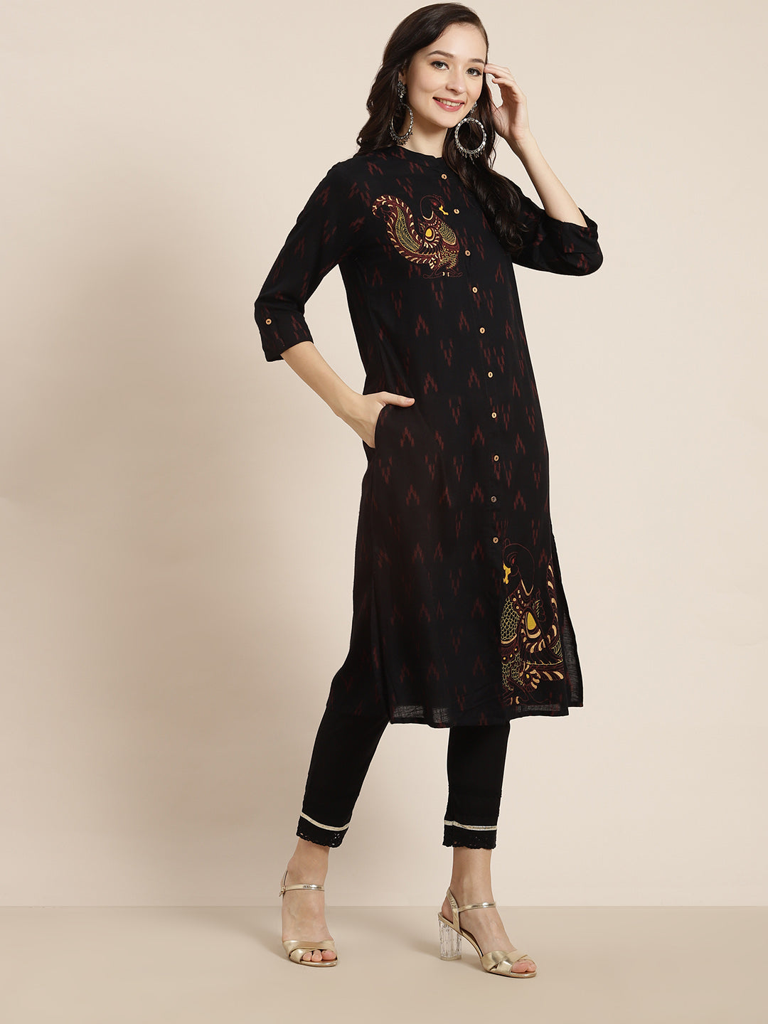 Juniper Womens M-Black Rayon Slub Printed Kurta - Distacart