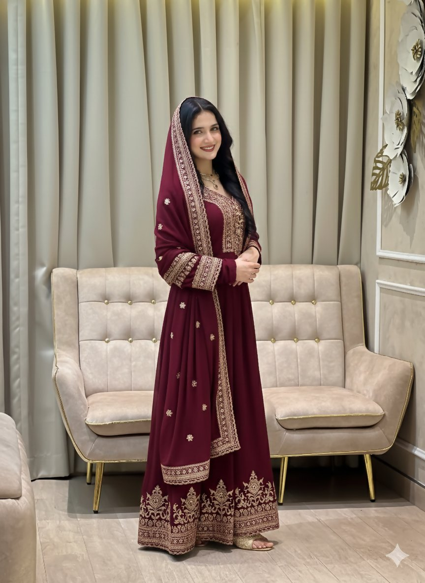 Teeya Creation Maroon Color Faux Georgette Embroidery Work Long Party Wear Gown