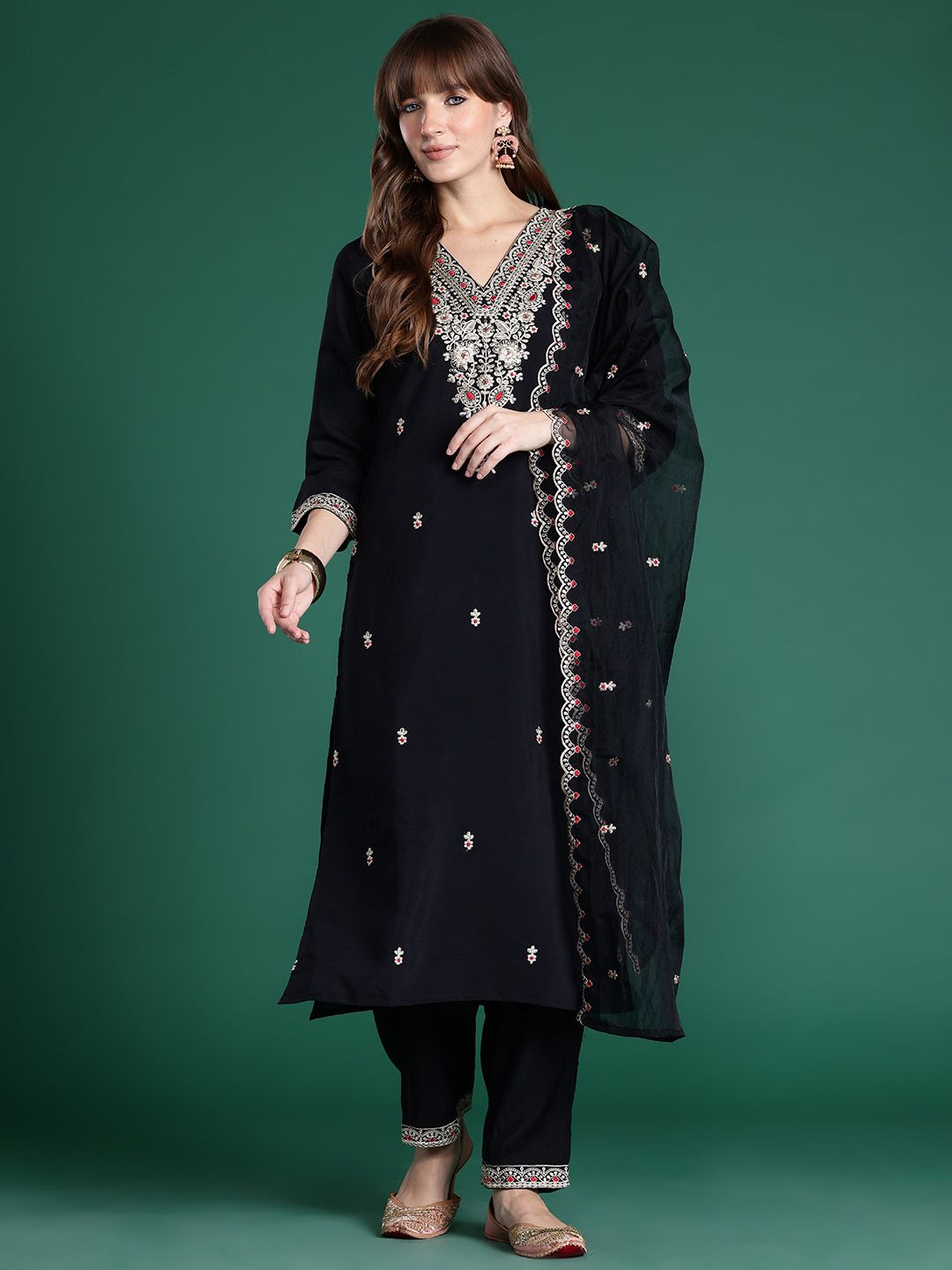 Indo Era Ethnic Motifs Embroidered Sequinned Kurta With Trousers & Dupatta - Distacart