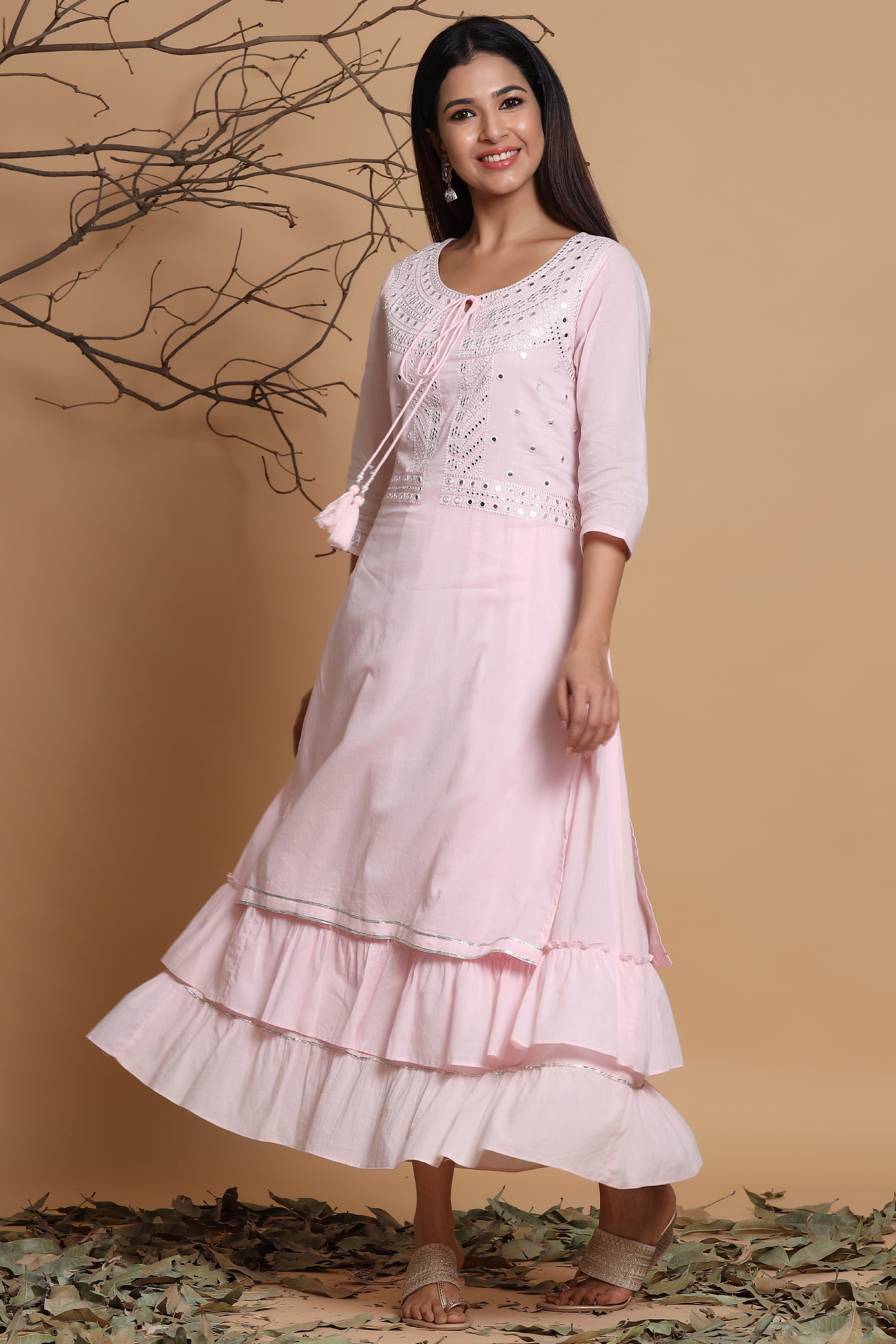 Juniper Pink Cotton Embroidered Layered Maxi Dress With Dori Tassels - Distacart