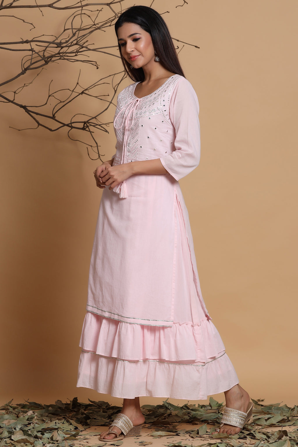 Juniper Pink Cotton Embroidered Layered Maxi Dress With Dori Tassels - Distacart