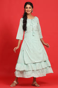 Juniper Sage Green Cotton Embroidered Layered Maxi Dress With Dori Tassels - Distacart