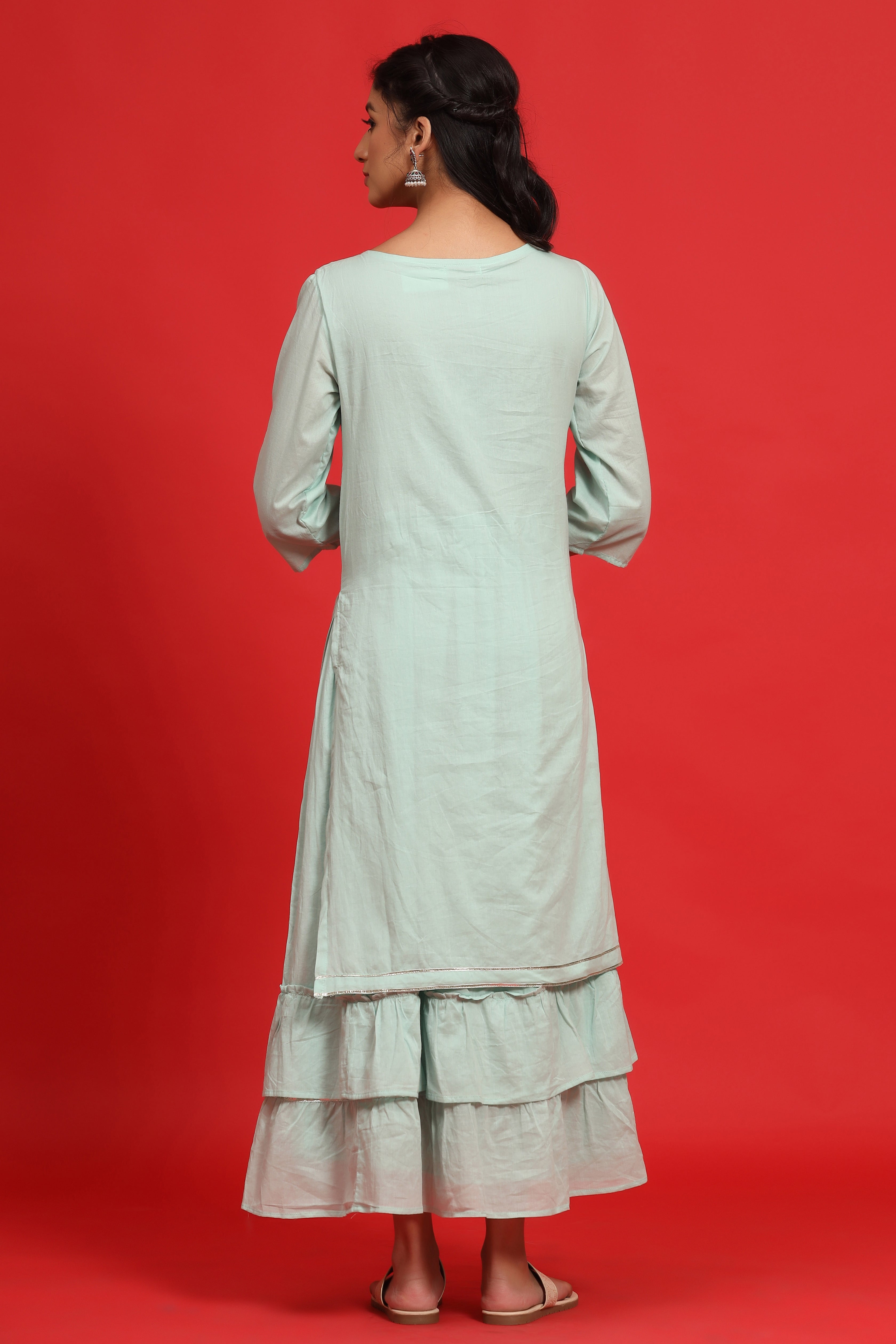Juniper Sage Green Cotton Embroidered Layered Maxi Dress With Dori Tassels - Distacart