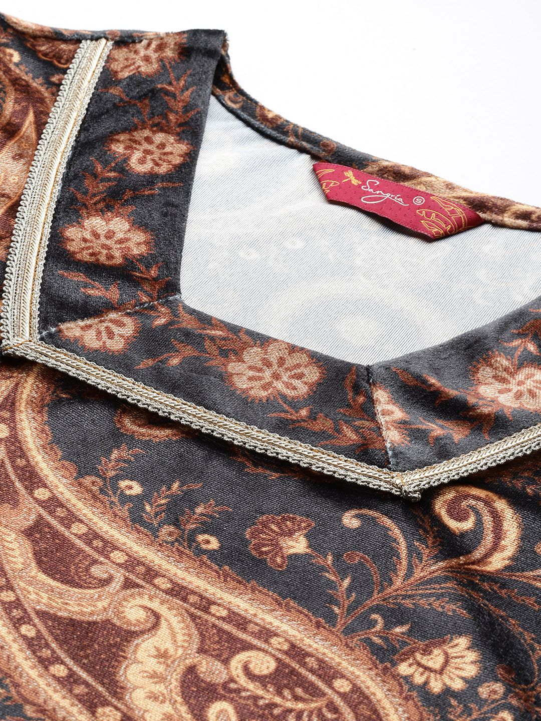 Sangria Velvet Finish Paisley Design Gotta Patti Kurta with Palazzos