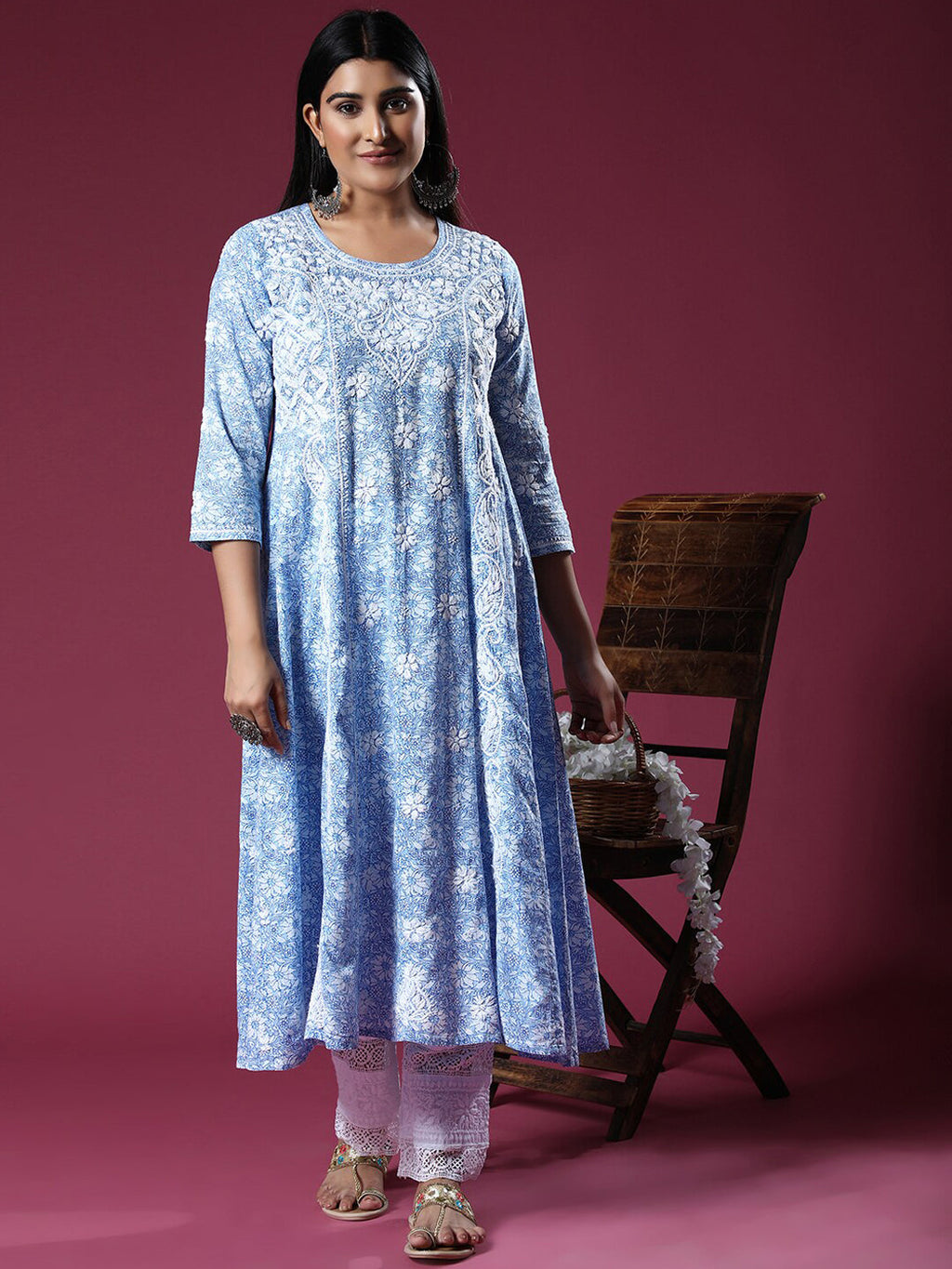 HOUSE OF KARI Floral Embroidered Chikankari Cotton Anarkali Kurta