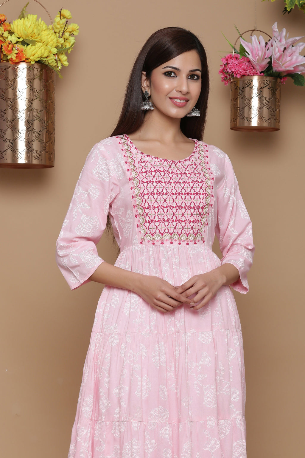 Juniper Baby Pink Ethnic Motif Printed Rayon Tiered Maxi Dress With Mirror Work Embroidery - Distacart