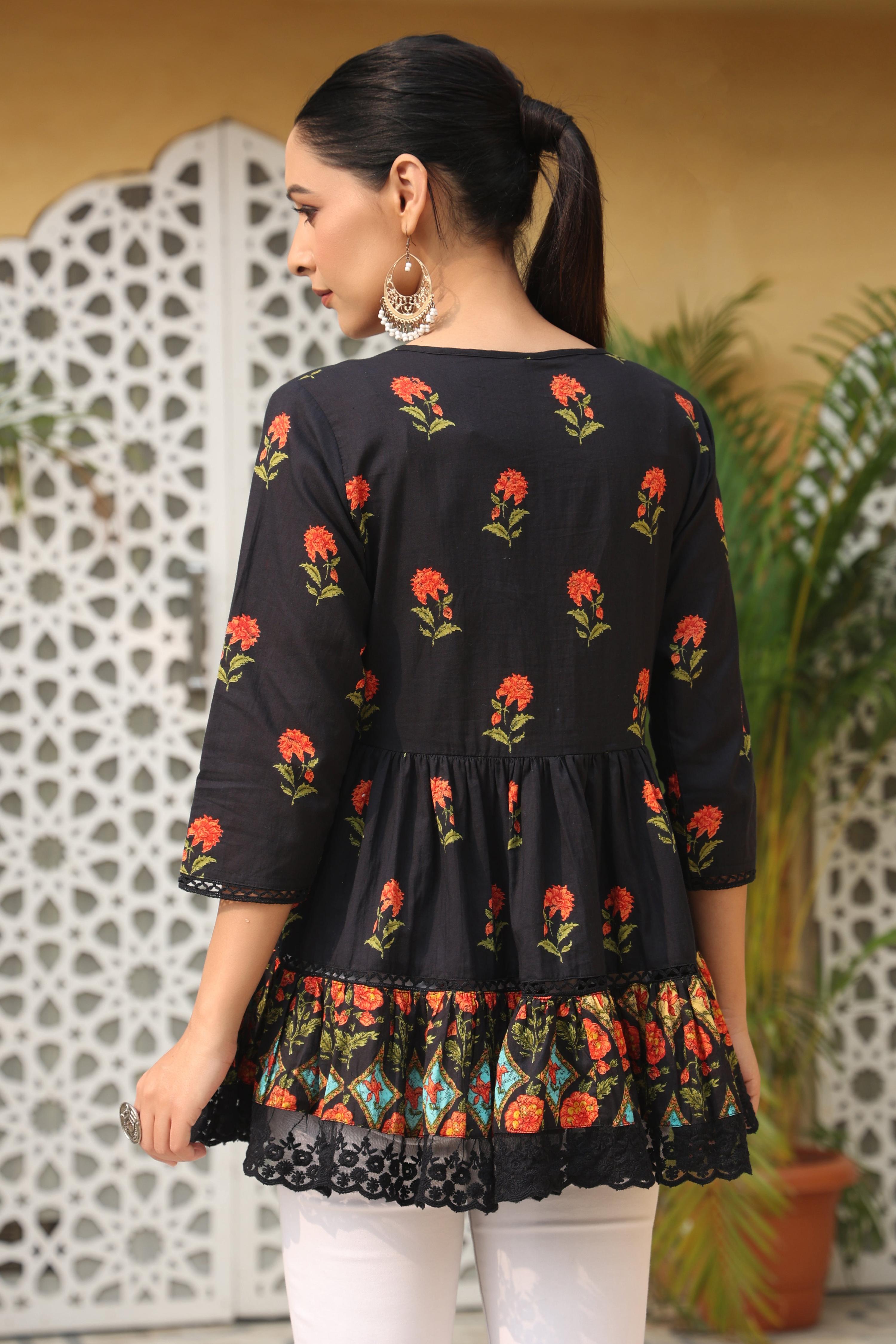 Juniper Black Floral Printed Peplum Pure Cotton Tunic With Lace