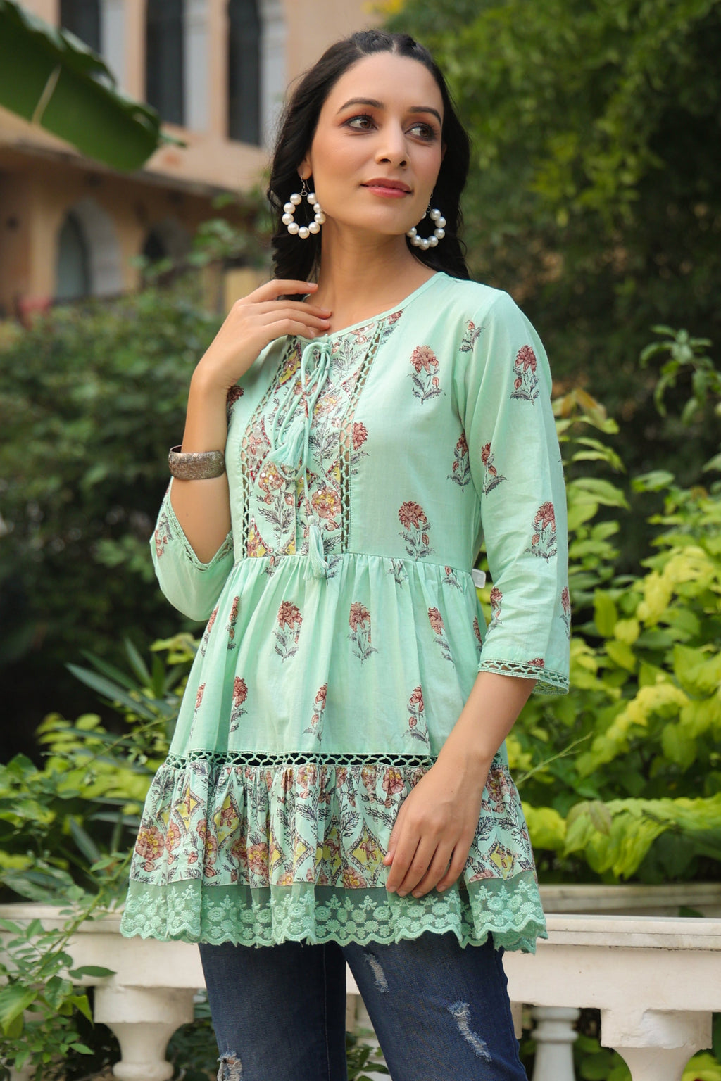 Juniper Pista Green Floral Printed Pure Cotton Peplum Tunic With Lace