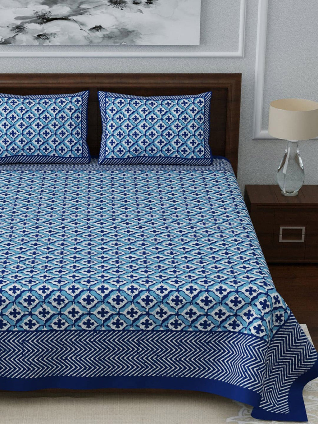 LIVING ROOTS Blue & White Ethnic Motifs 210 TC King Bedsheet With 2 Pillow Covers