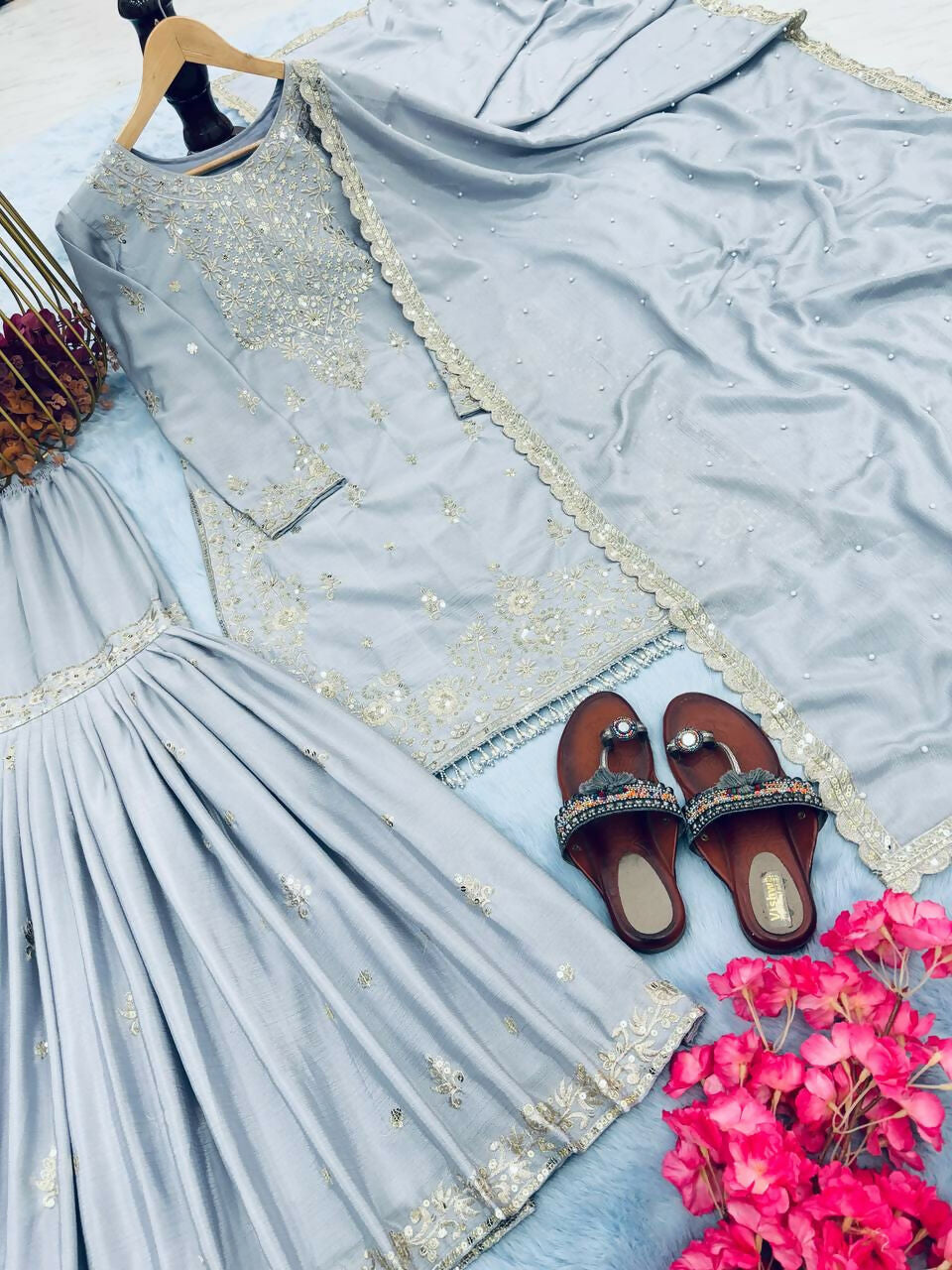 Teeya Creation Grey Color Chinnon Silk Embroidery Work Wedding Wear Salwar Suit - Distacart