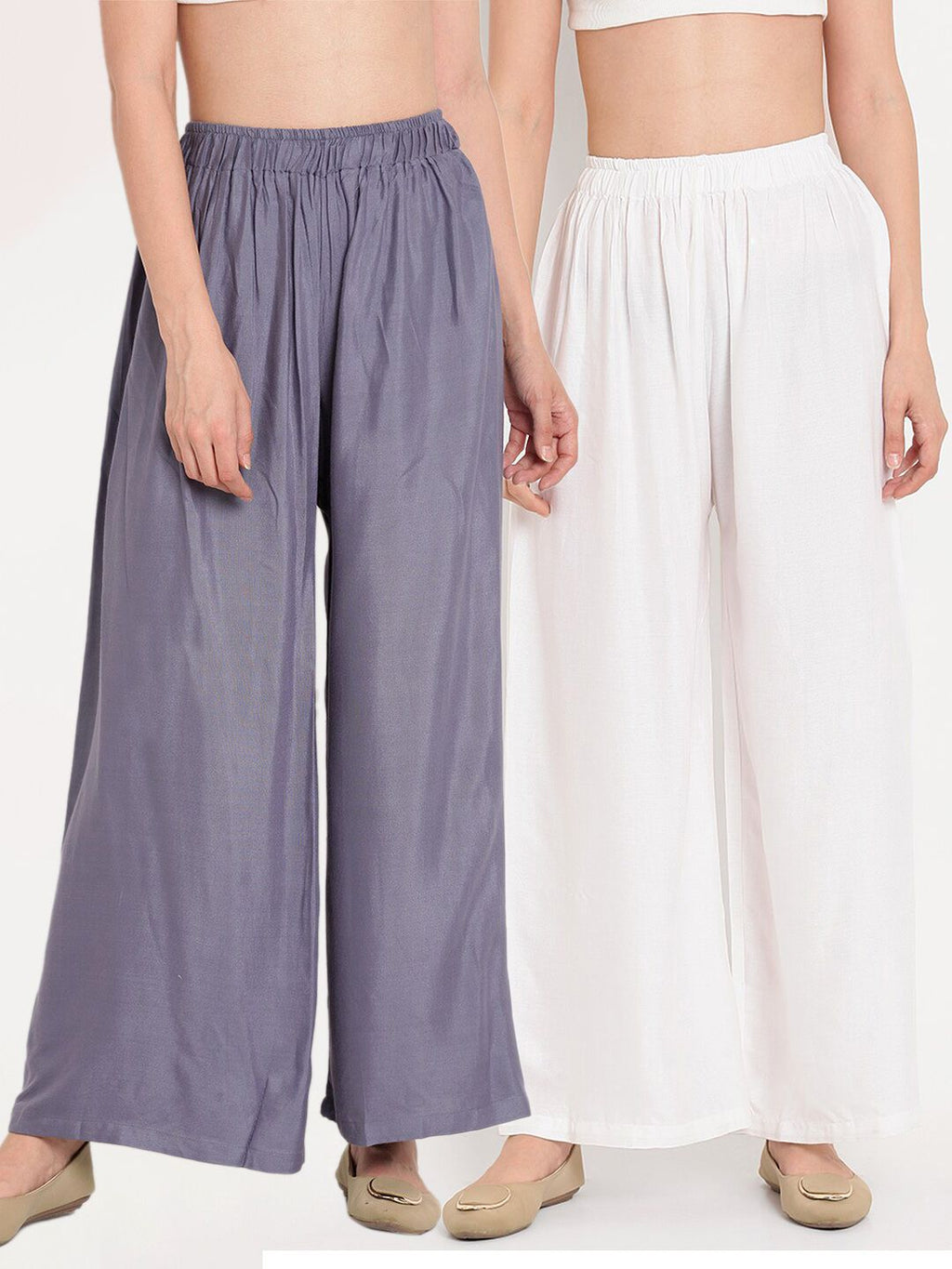 TAG 7 Women White & Grey Set of 2 Flared Ethnic Palazzos