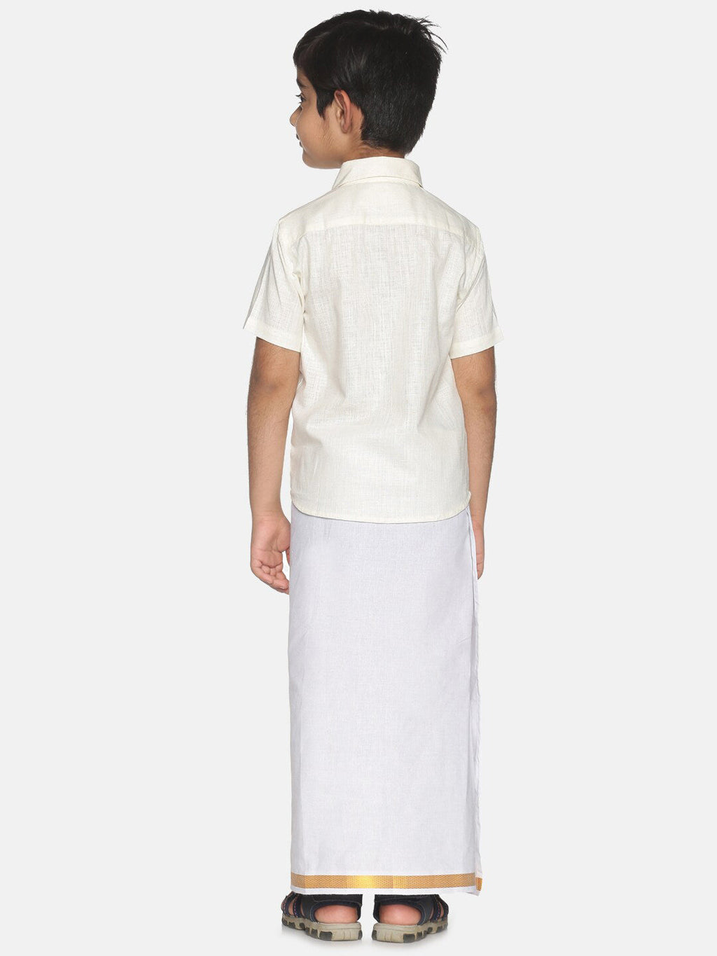 Sethukrishna Boys Cream-Coloured & Gold-Toned Pure Cotton Shirt with Dhoti