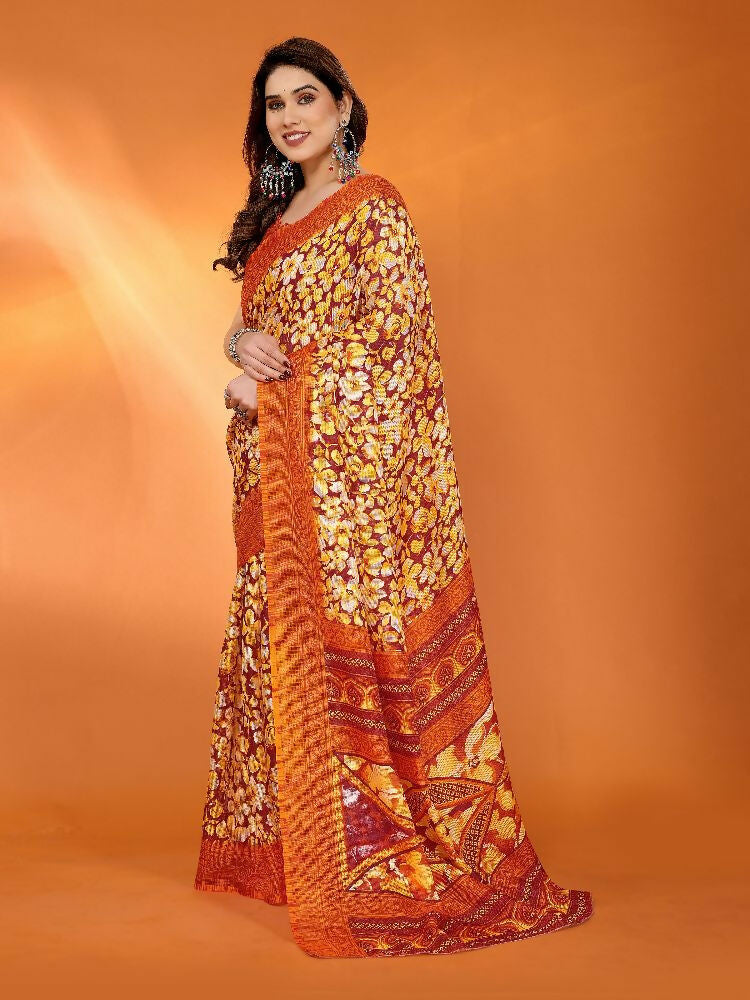 PR Fashion Orange Kota Doria Printed Saree