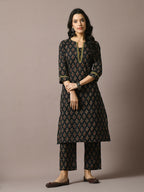 Myshka Women's Black Printed Cotton Straight Party Kurta Set