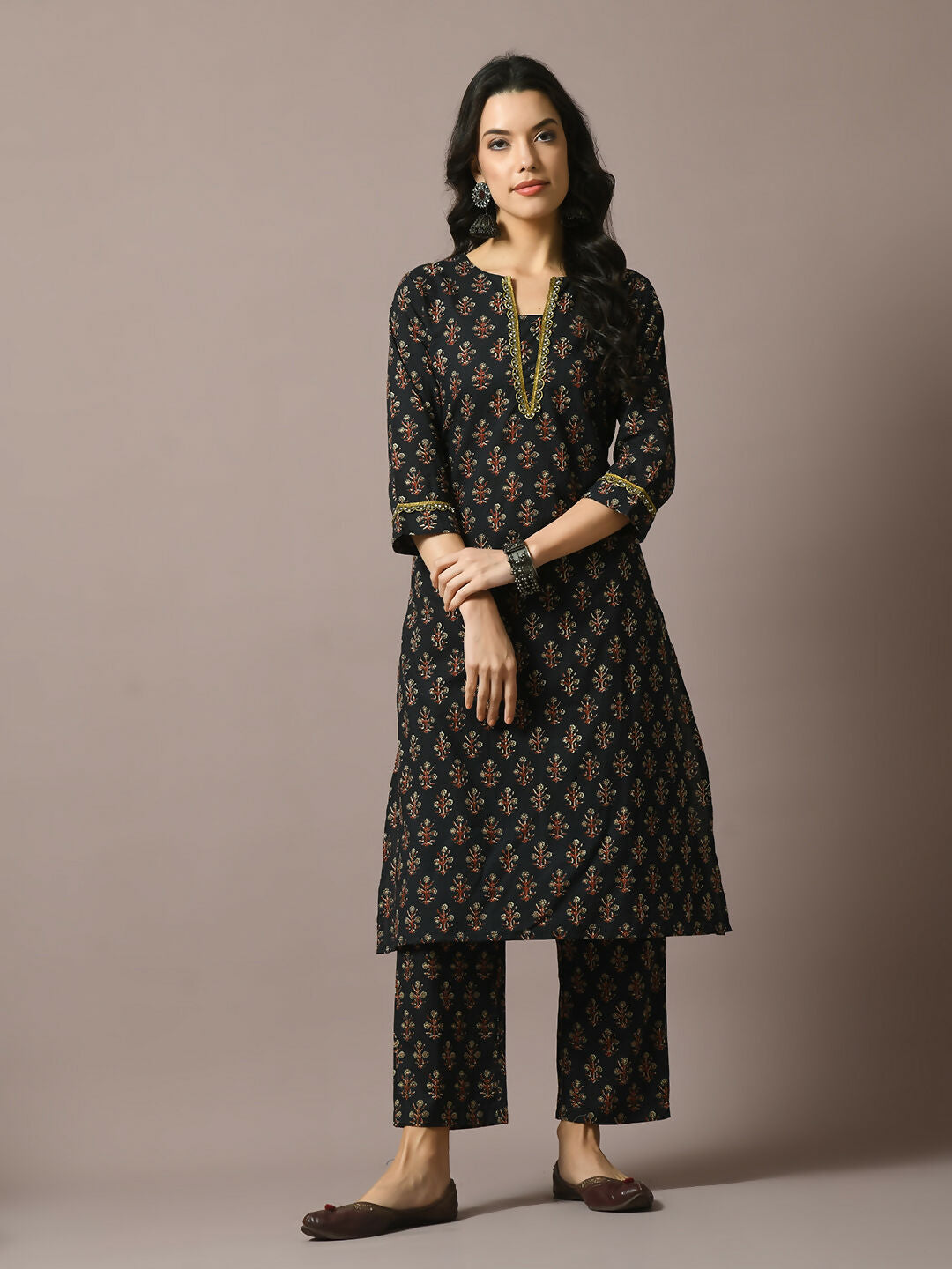 Myshka Women's Black Printed Cotton Straight Party Kurta Set
