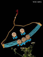 Mominos Fashion Johar Kamal Women's Sky Blue Beads Pearls Gold-Plated Jewellery Set