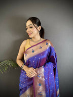 Joban Fashion Purple Peacock & Floral Motifs Soft Lichi Silk Kanchipuram Saree - Distacart