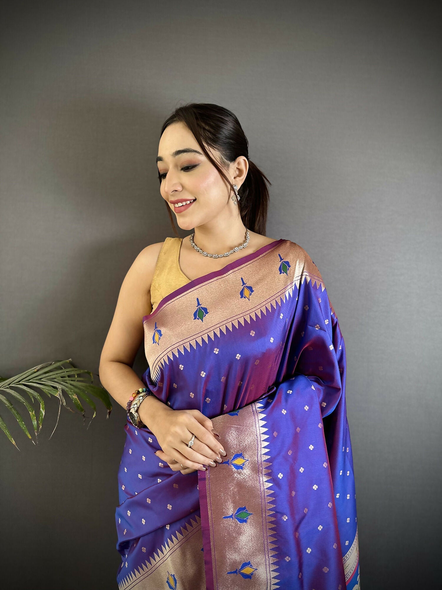 Joban Fashion Purple Peacock & Floral Motifs Soft Lichi Silk Kanchipuram Saree - Distacart