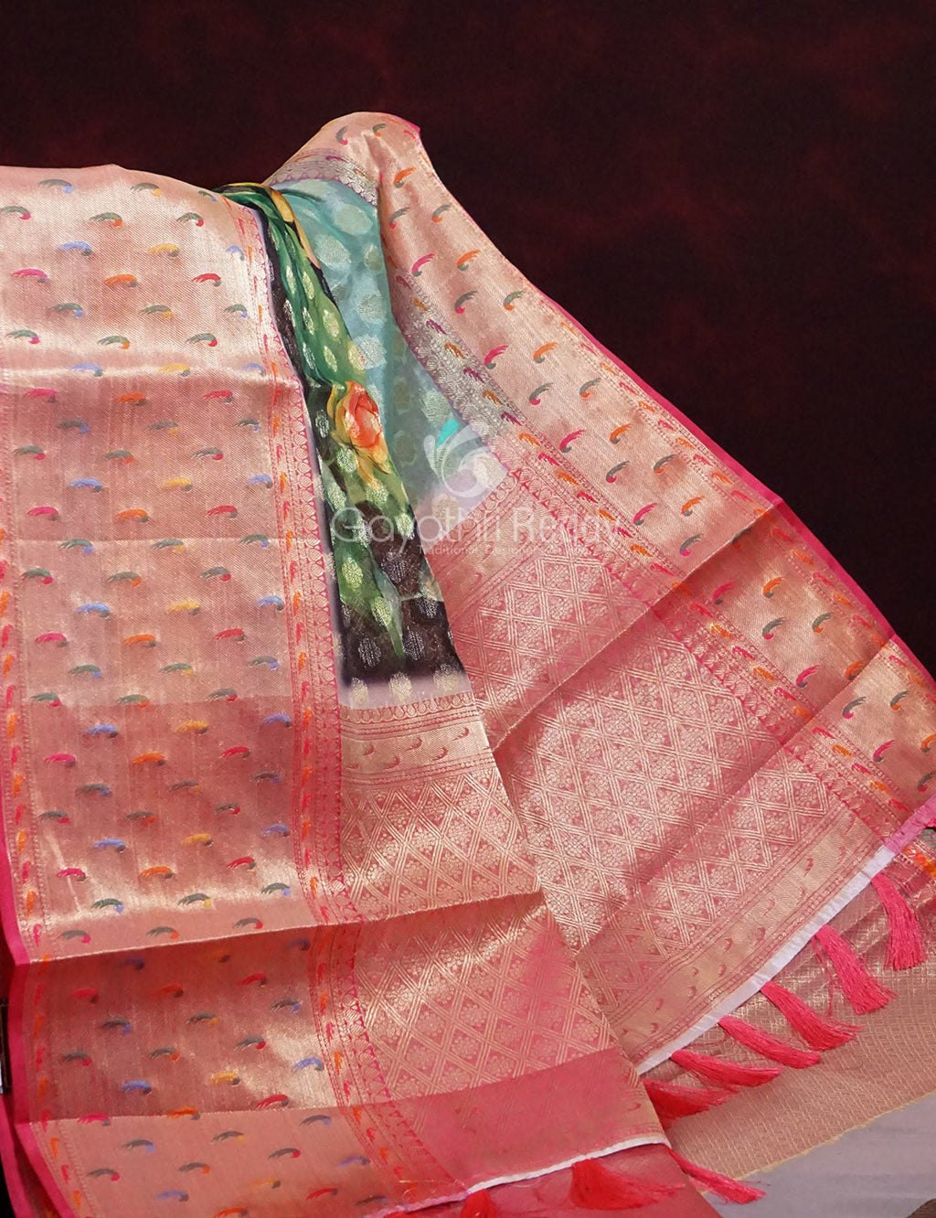 Green and Pink Banaras Border Floral Design Banarasi Semi Silk Saree By Gayathri Reddy Designer Studio