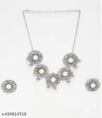 Tehzeeb Creations Women's Silver Plated Oxidised Necklace Set With Bracelet