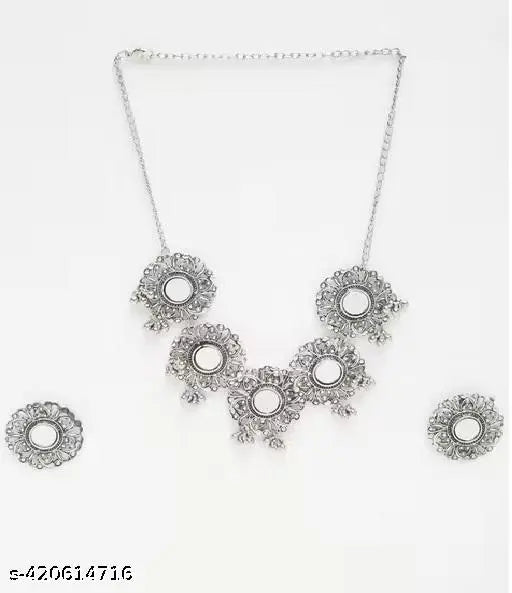 Tehzeeb Creations Women's Silver Plated Oxidised Necklace Set With Bracelet