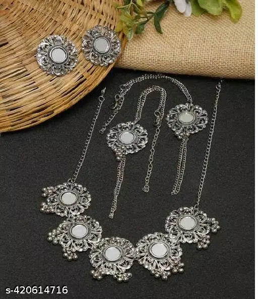 Tehzeeb Creations Women's Silver Plated Oxidised Necklace Set With Bracelet