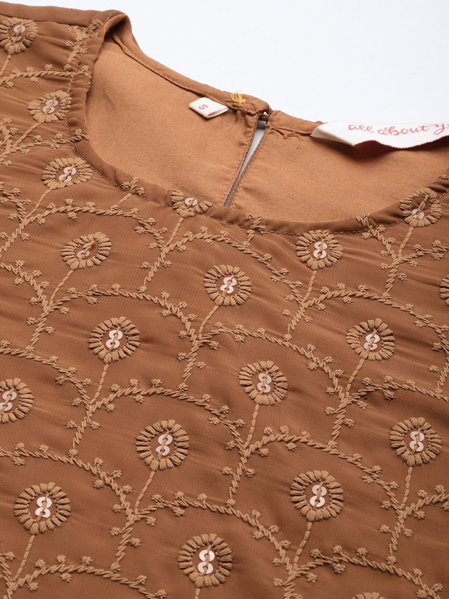 All About You Women Brown Ethnic Motifs Embroidered Chikankari Kurta with Palazzos