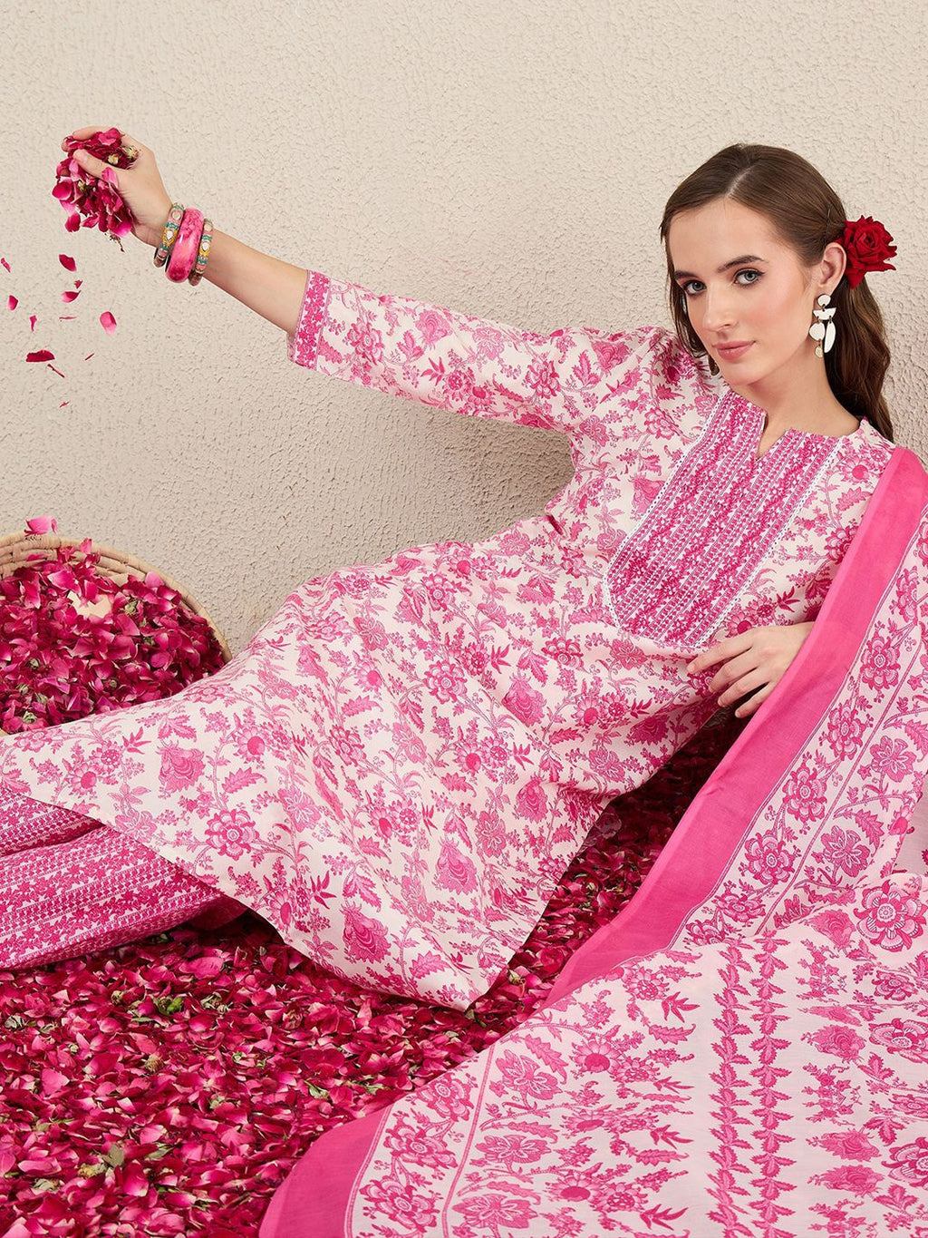 Indo Era Women Floral Printed Kurta with Trousers & Dupatta - Distacart